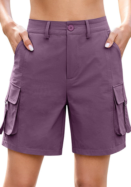 LookbookStore Women's Purple High Waist Cargo Shorts, 7" Inseam Elastic Waist Casual Mid Thigh Shorts, Utility Pockets Hiking Golf Outdoor Shorts