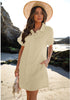 Beige Women's Beach Cover Up Dress Button Down Shirt Ruffle Sleeves Dresses Casual Summer With Pockets