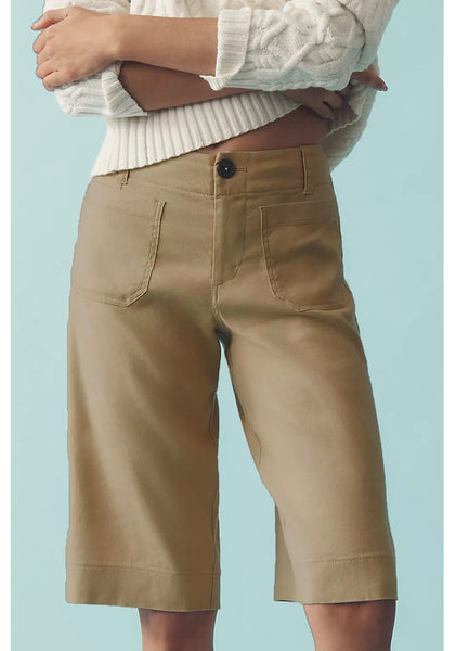 LookbookStore Women's Khaki High Waisted Knee Length Bermuda Shorts Casual Dressy Chino Shorts with Elastic Waist and Patch Pockets