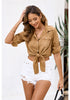 Taffy Brown Women's Trendy 3/4 Sleeve Button Down Crop Top Denim Jacket Shirt Tie