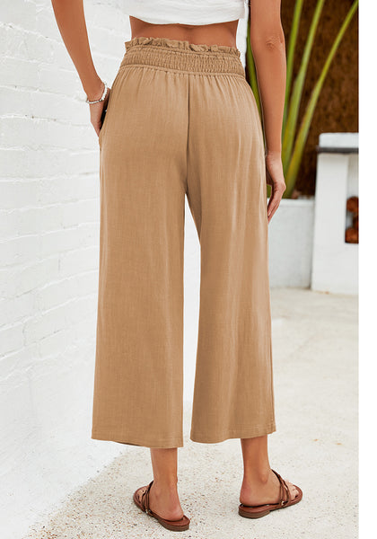 Dark Khaki Women's High Waisted Wide Leg Elastic Waist Linen Palazzo Pants Pull On Smock Waist Baggy Fit Trousers