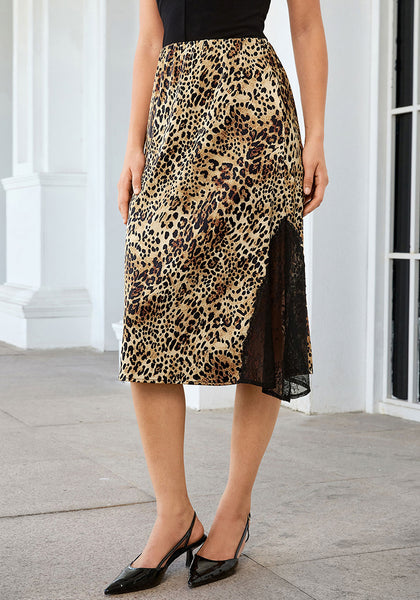 Brown Cheetah Satin Midi Skirt — High Waisted A Line Slip Skirt with Slit, Lace Trim & Stretchy Waist
