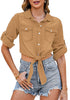 Taffy Brown Women's Trendy 3/4 Sleeve Button Down Crop Top Denim Jacket Shirt Tie
