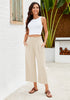 Beige Women's High Waisted Wide Leg Elastic Waist Linen Palazzo Pants Pull On Smock Waist Baggy Fit Trousers