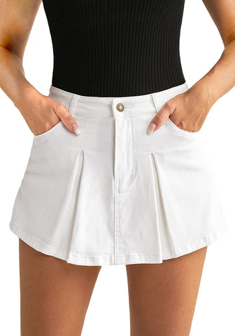 Cream White Women's High Waisted Denim Shorts Button Front Casual Denim Skorts With Pocket