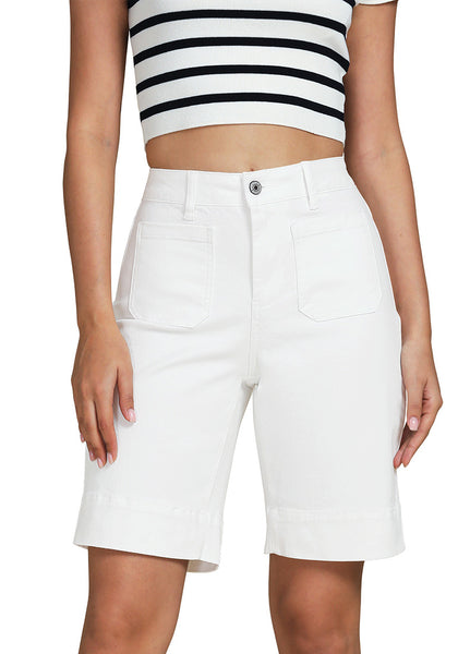 Cream White Women's Denim Knee-Length Bermuda Shorts Mega Stretch