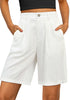 2024 Women's Cream White High Waist Linen Bermuda Shorts Regular Fit Elastic Waist Pockets Shorts