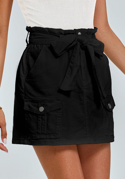 Black Women's High Waisted Denim Jean Skorts With Pocket Elastic PaperBag Waist Skorts