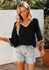 Black Women's 3/4 Sleeve Bell Blouse Color Block Flowy Business Casual Work Tops