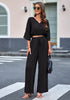 Black Women's 2 Pieces Outfits Faux Wrap Crop Top Elastic High Waisted Wide Leg Pants