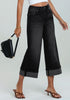 Washed Black Women's High Waisted Wide Leg Denim Jeans Cuffed Hem Baggy Pockets Capri Pants
