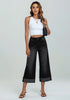 Washed Black Women's High Waisted Wide Leg Denim Jeans Cuffed Hem Baggy Pockets Capri Pants
