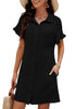 Black Women's Beach Cover Up Dress Button Down Shirt Ruffle Sleeves Dresses Casual Summer With Pockets