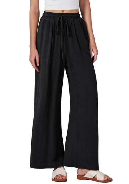 Relaxed Fit High Waisted Elastic Waist Wide Leg Drawstring Pocket Pant