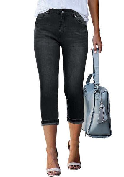 Washed Black Women's High Waisted Straight Leg Denim Jeans Pockets Casual Capri Pants