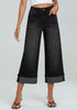 Washed Black Women's High Waisted Wide Leg Denim Jeans Cuffed Hem Baggy Pockets Capri Pants