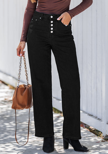 True Black Trendy Wide Leg Jeans for women Chic High Waisted Stretchy Button Front Denim Pants