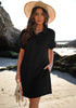 Black Women's Beach Cover Up Dress Button Down Shirt Ruffle Sleeves Dresses Casual Summer With Pockets