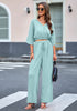 Misty Green Women's 2 Pieces Outfits Faux Wrap Crop Top Elastic High Waisted Wide Leg Pants