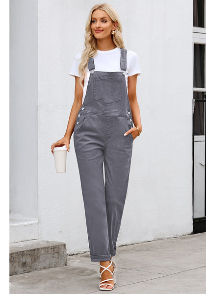Gray Women's Casual Stretch Denim Bib Overalls Pants Pocketed Jeans Jumpsuits