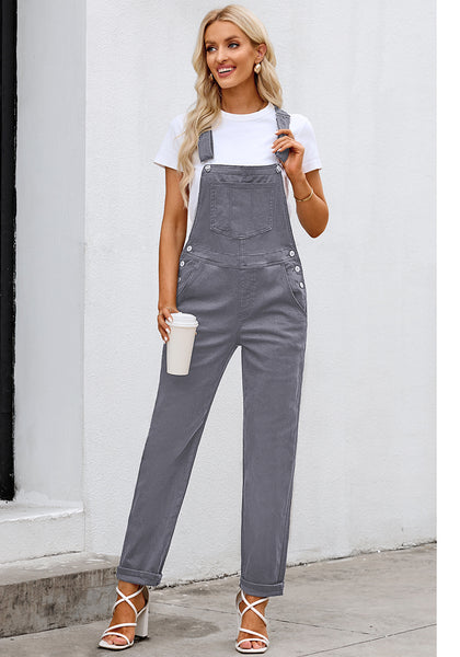 Gray Women's Casual Stretch Denim Bib Overalls Pants Pocketed Jeans Jumpsuits