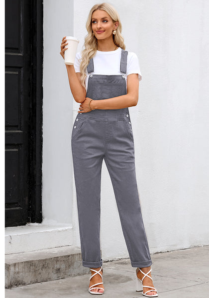 Gray Women's Casual Stretch Denim Bib Overalls Pants Pocketed Jeans Jumpsuits