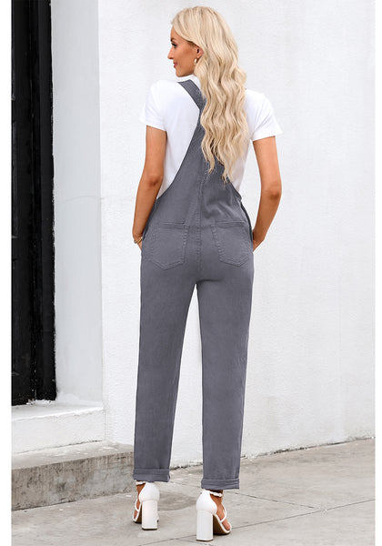 Gray Women's Casual Stretch Denim Bib Overalls Pants Pocketed Jeans Jumpsuits