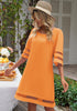 Orange Women Casual Crewneck Mesh Panel 3/4 Bell Sleeve Loose Tunic Dress