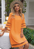 Orange Women Casual Crewneck Mesh Panel 3/4 Bell Sleeve Loose Tunic Dress