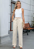 Beige Blue Stripe Women's Drawstring Full Length High Waist Long Pants Wide Leg Striped Trousers