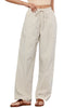 Beige Blue Stripe Women's Drawstring Full Length High Waist Long Pants Wide Leg Striped Trousers