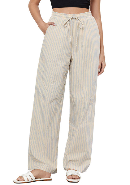 Beige Blue Stripe Women's Drawstring Full Length High Waist Long Pants Wide Leg Striped Trousers