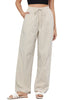 Beige Blue Stripe Women's Drawstring Full Length High Waist Long Pants Wide Leg Striped Trousers