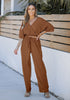 Brown Women's 2 Pieces Outfits Faux Wrap Crop Top Elastic High Waisted Wide Leg Pants
