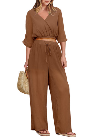 Brown Women's 2 Pieces Outfits Faux Wrap Crop Top Elastic High Waisted Wide Leg Pants