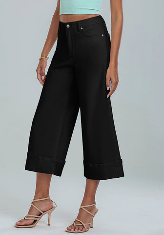 True Black Women's High Waisted Wide Leg Denim Jeans Cuffed Hem Baggy Pockets Capri Pants