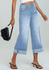 Women's High Waisted Wide Leg Denim Jeans Cuffed Hem Baggy Pockets Capri Pants