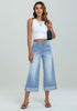 Roadnight Blue Women's High Waisted Wide Leg Denim Jeans Cuffed Hem Baggy Pockets Capri Pants