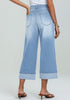 Roadnight Blue Women's High Waisted Wide Leg Denim Jeans Cuffed Hem Baggy Pockets Capri Pants