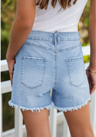 Blue Breeze Women's High Waisted Denim Jeans Shorts Frayed Raw Hem Crossover Waist Casual Summer Shorts