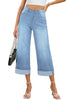 Women's High Waisted Wide Leg Denim Jeans Cuffed Hem Baggy Pockets Capri Pants