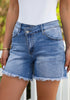 Classic Blue Women's High Waisted Denim Jeans Shorts Frayed Raw Hem Crossover Waist Casual Summer Shorts