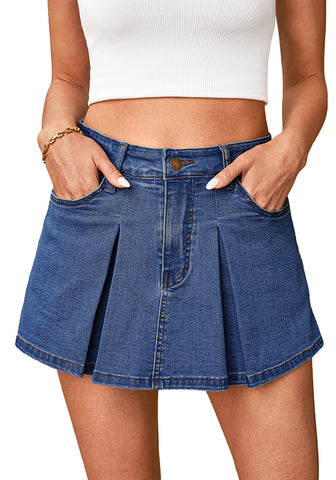 Classic Blue Women's High Waisted Denim Shorts Button Front Casual Denim Skorts With Pocket