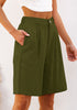 2024 Women's Olive Green  High Waist Linen Bermuda Shorts Regular Fit Elastic Pockets Shorts