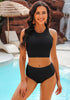 Black Women's High Waisted Two Piece Bikini Sets Textured High Neck Racer Back Swimsuits