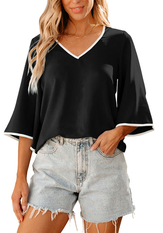 Black Women's 3/4 Sleeve Bell Blouse Color Block Flowy Business Casual Work Tops