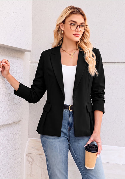 Black Women's Peplum Suit Jacket Blazer, Tailored Fitted Long Sleeve with Built-in Shoulder Pads, Dressy Casual for Office, Business & Everyday Wear