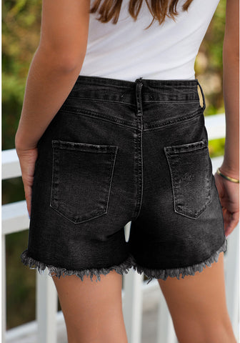 Washed Black Women's High Waisted Denim Jeans Shorts Frayed Raw Hem Crossover Waist Casual Summer Shorts