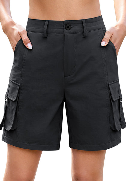 LookbookStore Women's Black High Waist Cargo Shorts, 7" Inseam Elastic Waist Casual Mid Thigh Shorts, Utility Pockets Hiking Golf Outdoor Shorts