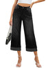 Washed Black Women's High Waisted Wide Leg Denim Jeans Cuffed Hem Baggy Pockets Capri Pants